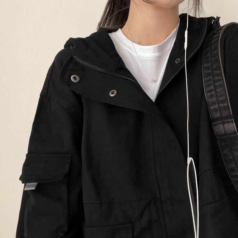 Haute High Neck Hem String Pocket Hooded Jacket