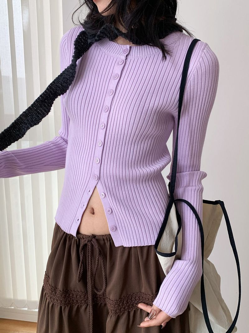 dereborujo（ドレボルゾー）の「Color Round Neck Ribbed Button Cardigan（Tops）」