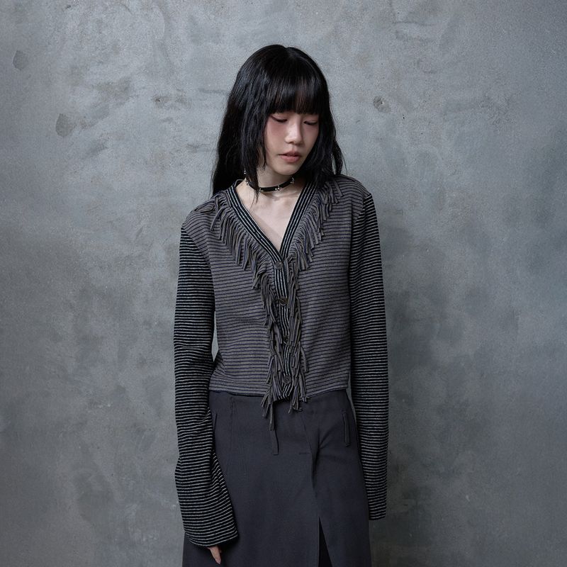 FRINGE STRIPE CARDIGAN: GREY