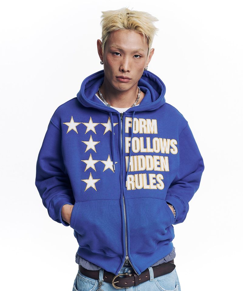 Star Lettering Patch Hoodie Zip-Up - Blue