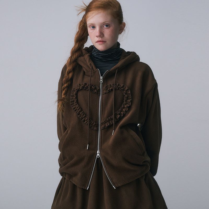 FRILL HEART HOODIE, BROWN