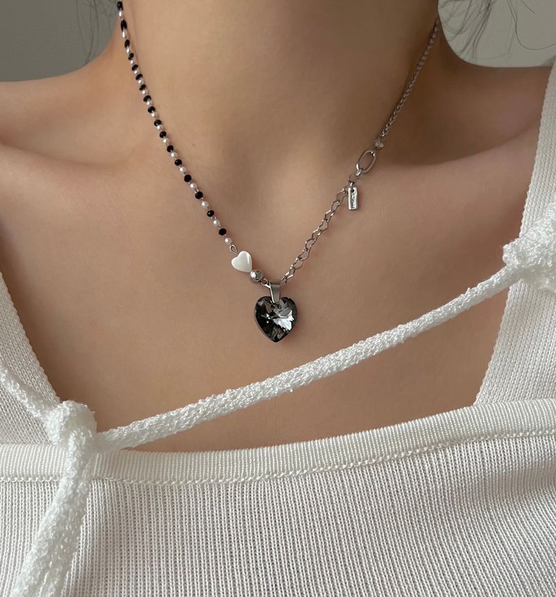 bvv Black Austrian Crystal Heart Surgical Steel Necklace
