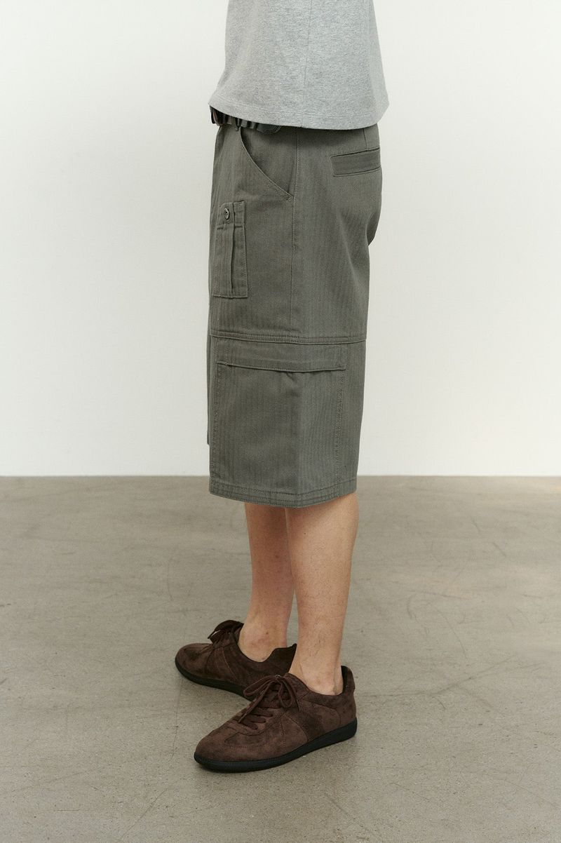 パネルドカーゴポケットヘリンボーンツイルショーツ (Washed Khaki)