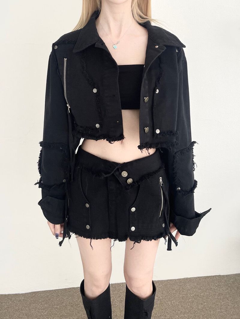 1247. Chic zipper button denim crop jk (2color)