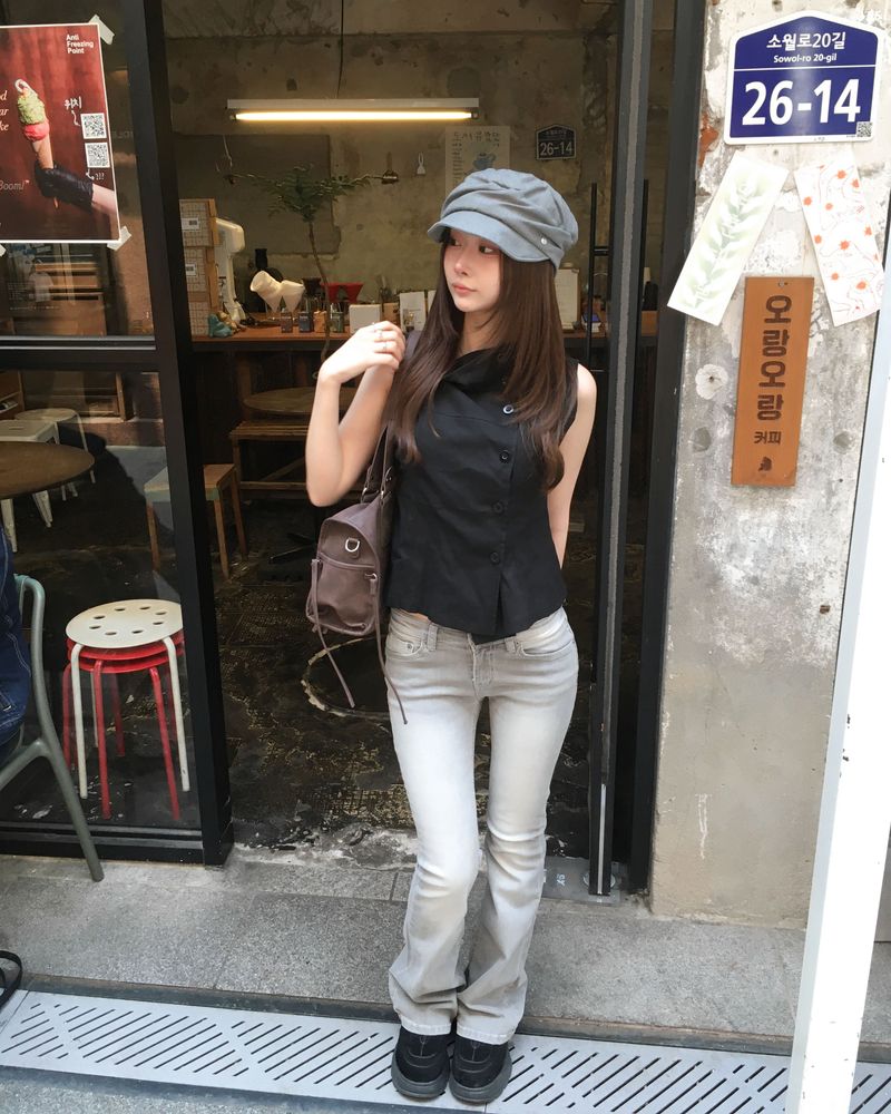 Grey lowrise boots cut pants