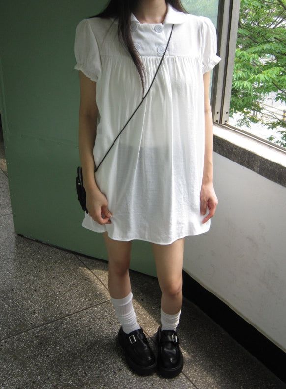 Selly Button Round Collar Puff Sleeve Frill One Piece