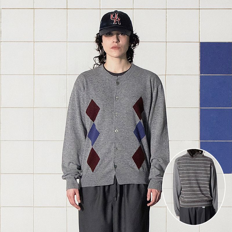 ARGYLE STRIPE CARDIGAN / GREY
