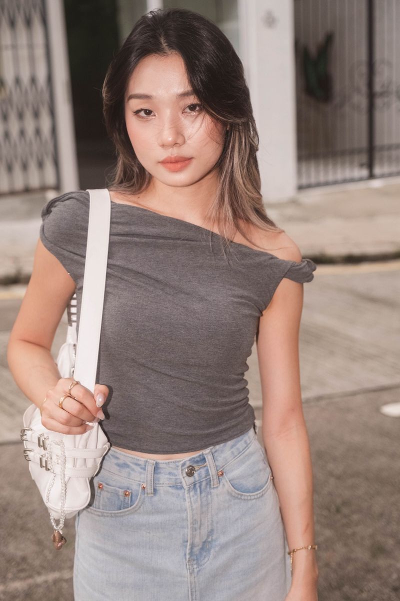 Asymmetric Ruched Top - Grey