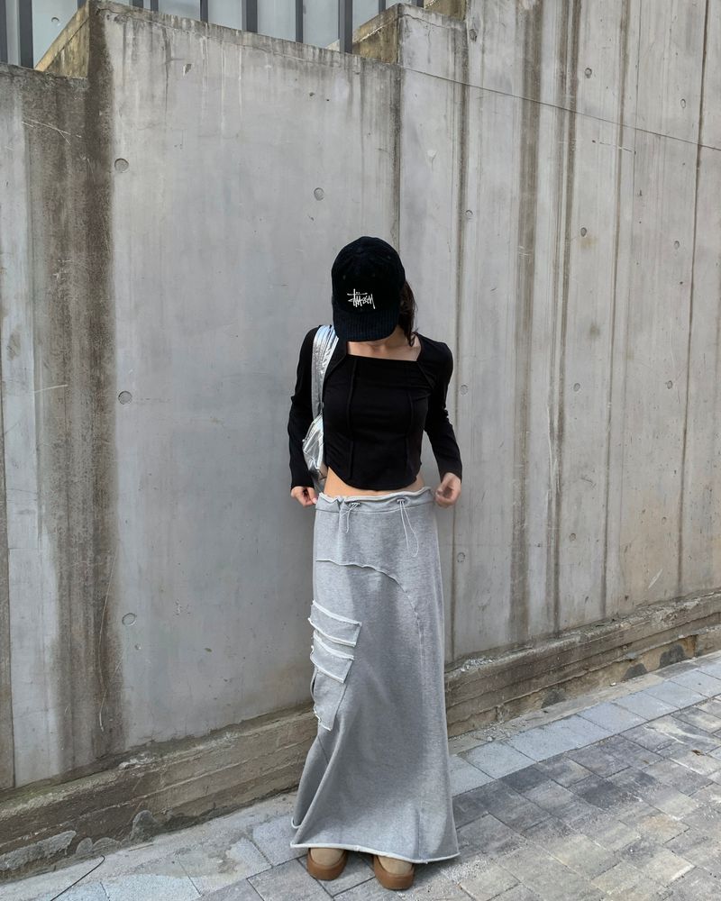 String pocket long cotton skirt