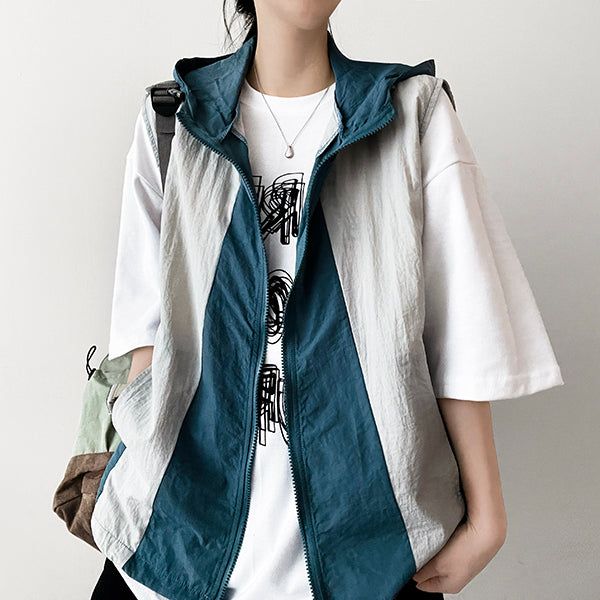 I-Nylon Coloring Hooded Vest Zip-Up