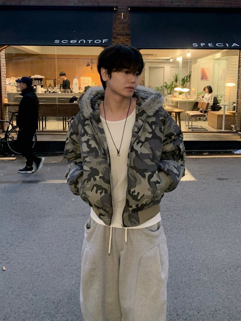 Jean Camo Raccoon Crop Puffer Jacket