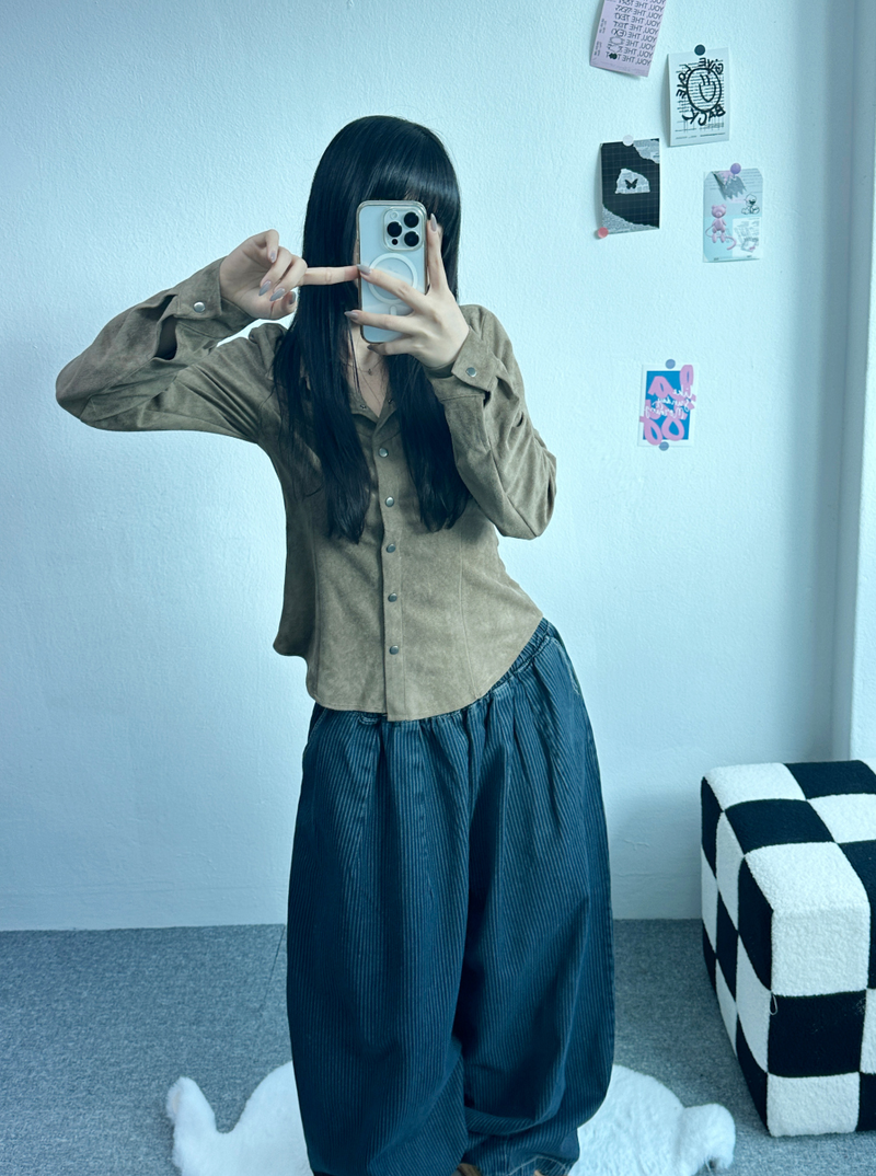 SUEDE SLIM LINE SHIRT BLOUSE🤎🖤🩶 - 3 COLORS