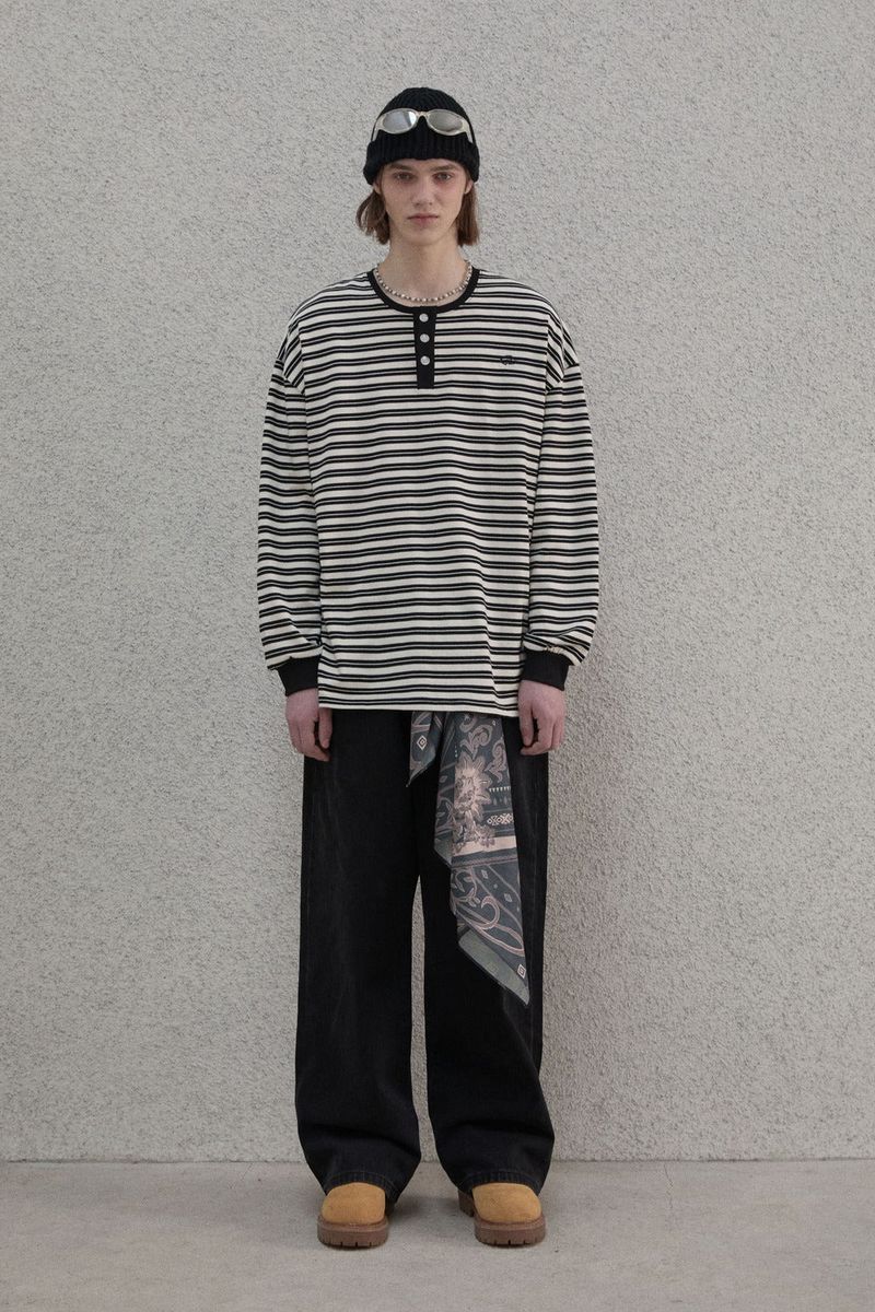 Stripe Henry neck T-shirt - Black