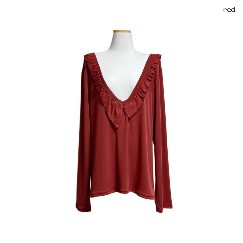(3color) Ruffle Deep V-neck Slim Long Sleeve Tee