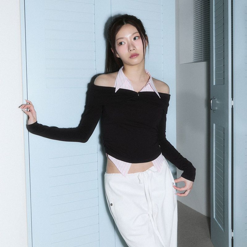 CHERRYQUIRI（チェリーキュリー）の「(3rd reorder) shirts layered off shoulder top - brown（Tops）」