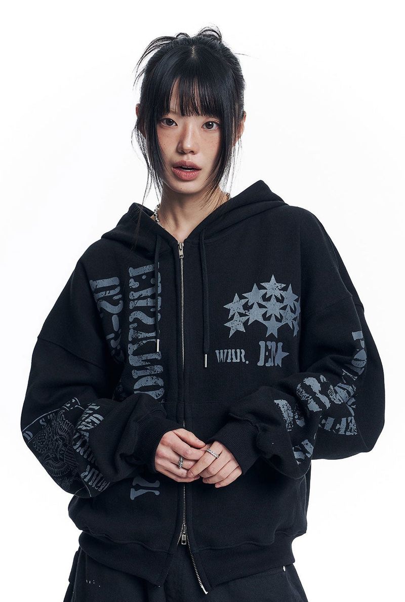 Marine Crack Print Hooded Zip-Up - Black
