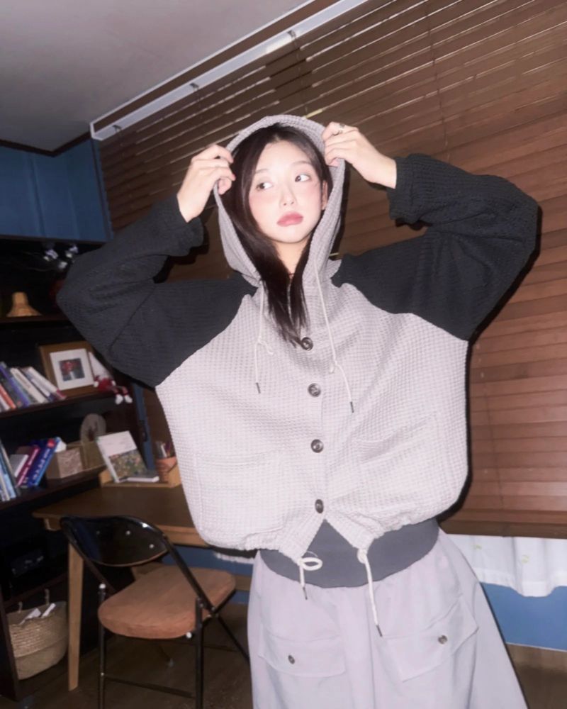 (2color) Waffle Raglan Hood Cardigan