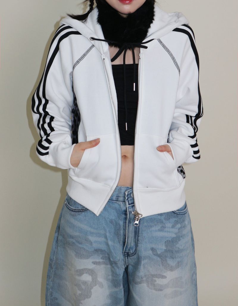 Kai Leopard Coloring Two Lines Cropped Napping Hood Zip-Up (Napping Lining)