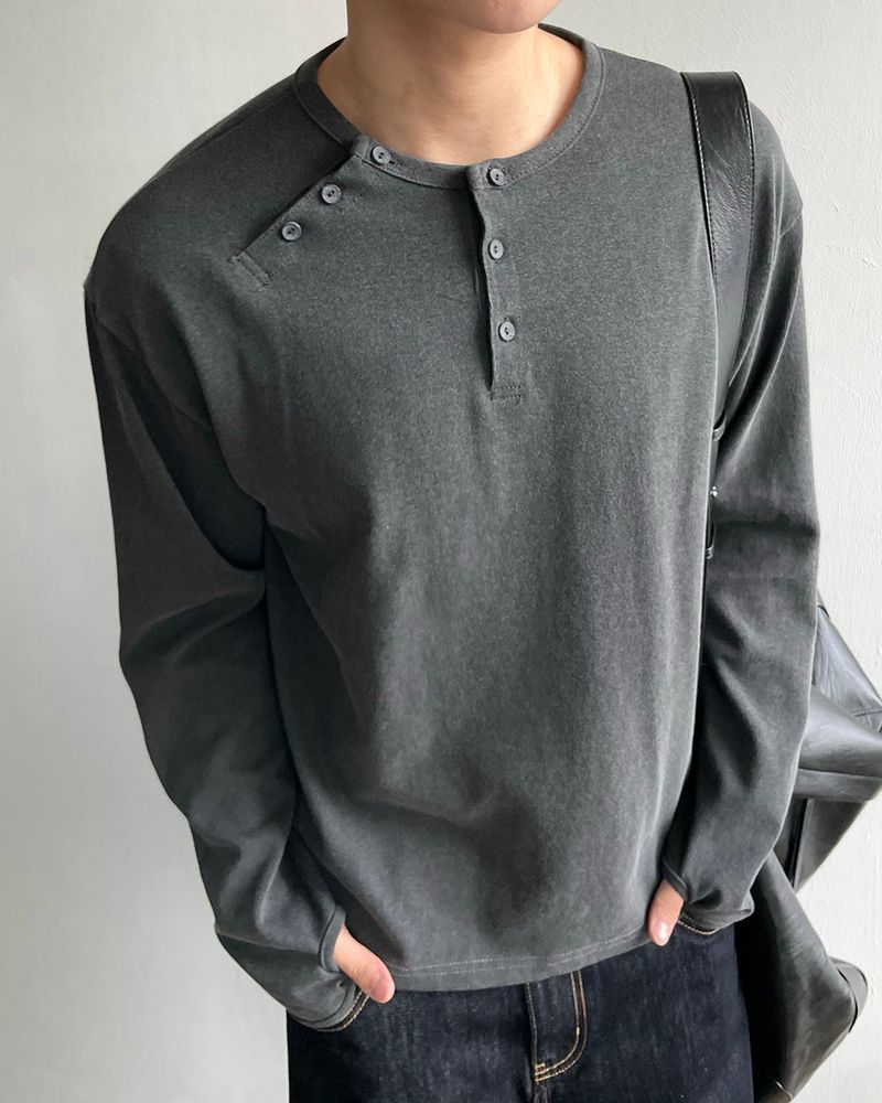Double Washed Henley Neck Long Sleeve