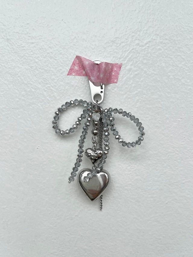 Gra Chic Hip Gray Ribbon Stainless Steel Big Heart Kitchen Chain Keyring Keyring