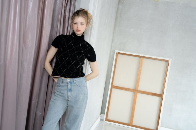 Argyle turtleneck half knit_black