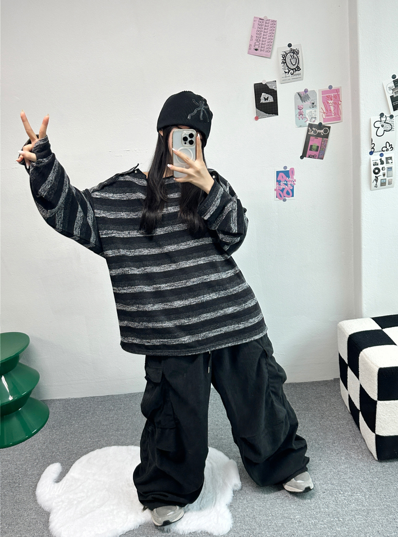 SHOULDER SNAP WARMER POINT STRIPED KNIT🤎🖤🧸 - 2 COLORS