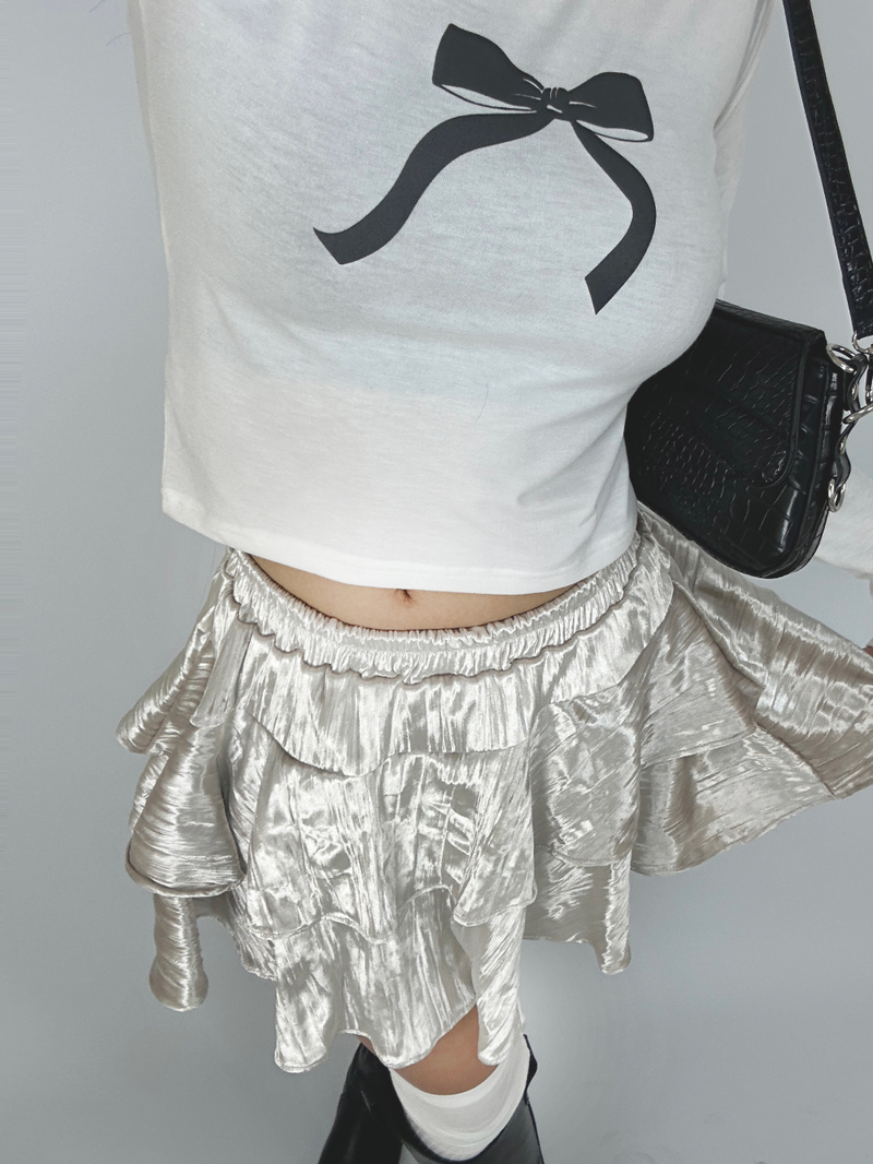BASIC BOW-DETAIL SEMI-CROPPED STRETCH ROUND U-NECK LONG-SLEEVE TEE