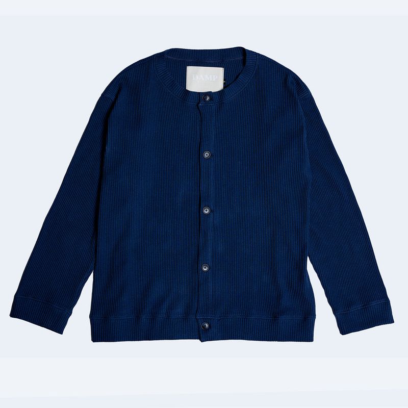 DAMP ROUND-NECK WAFFLE CARDIGAN_NAVY