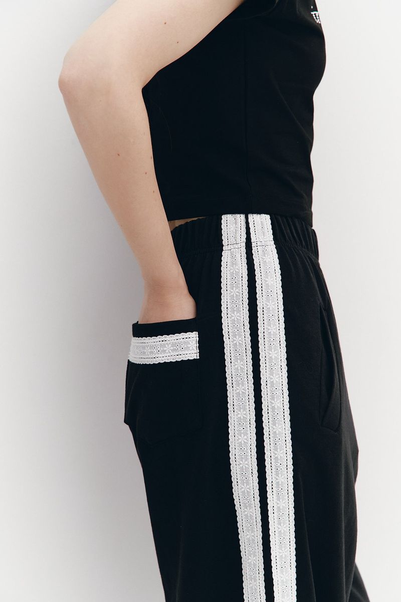 Lace Tape Banding Pants Black