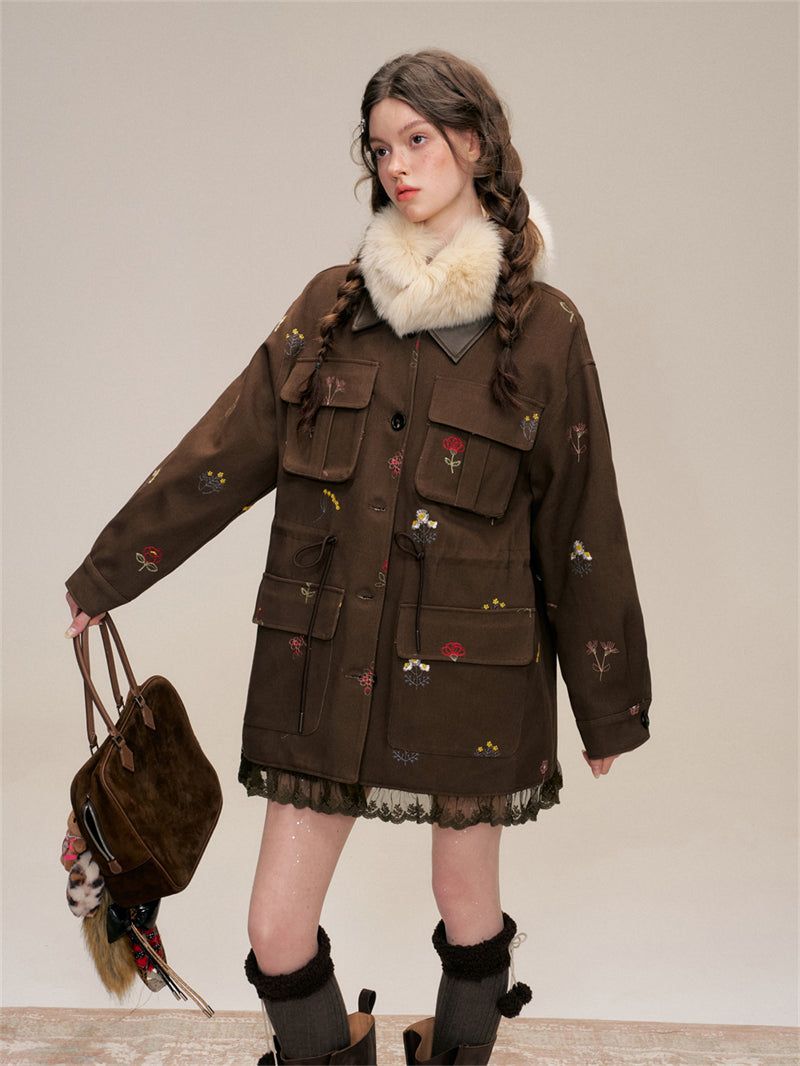 Floral Embroidery Cotton Cargo Jacket