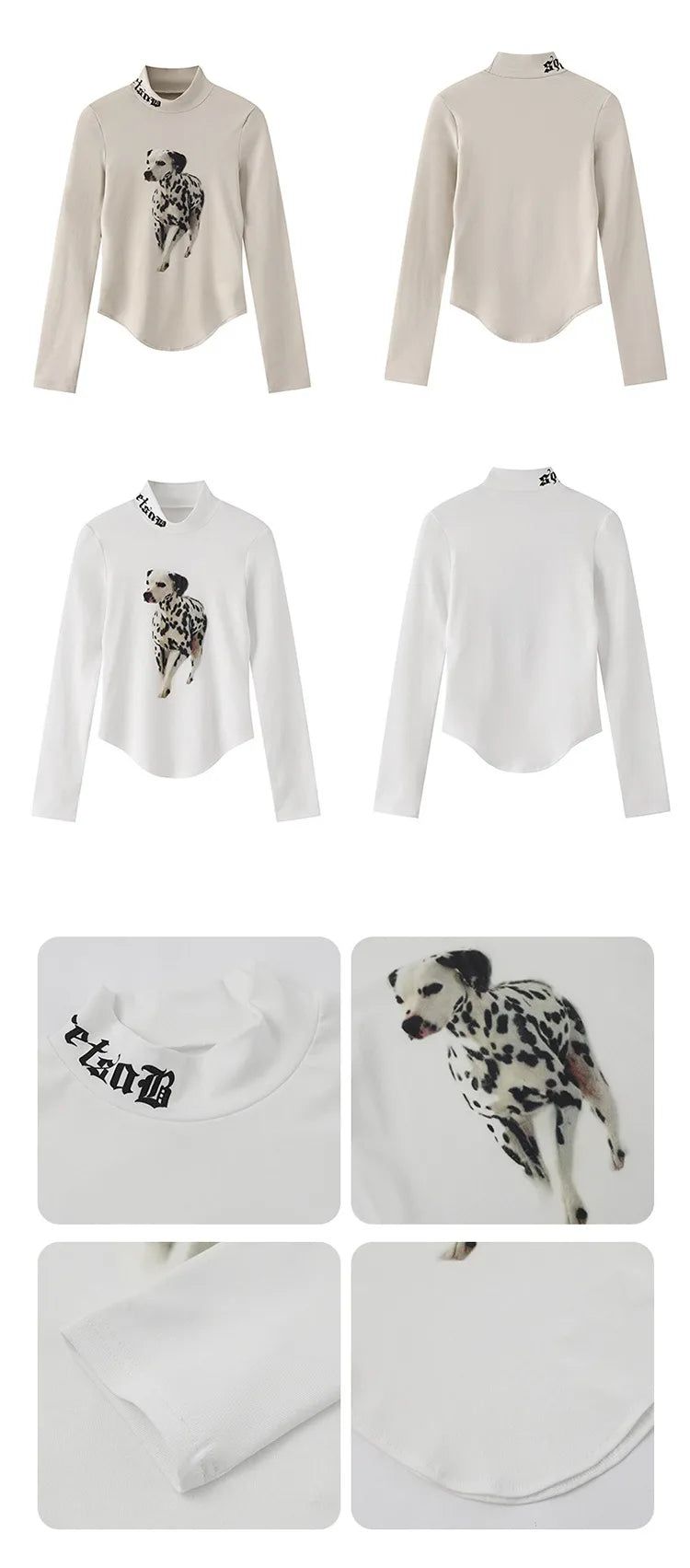 Vintage Dog Print Mock Neck Long Sleeve Top