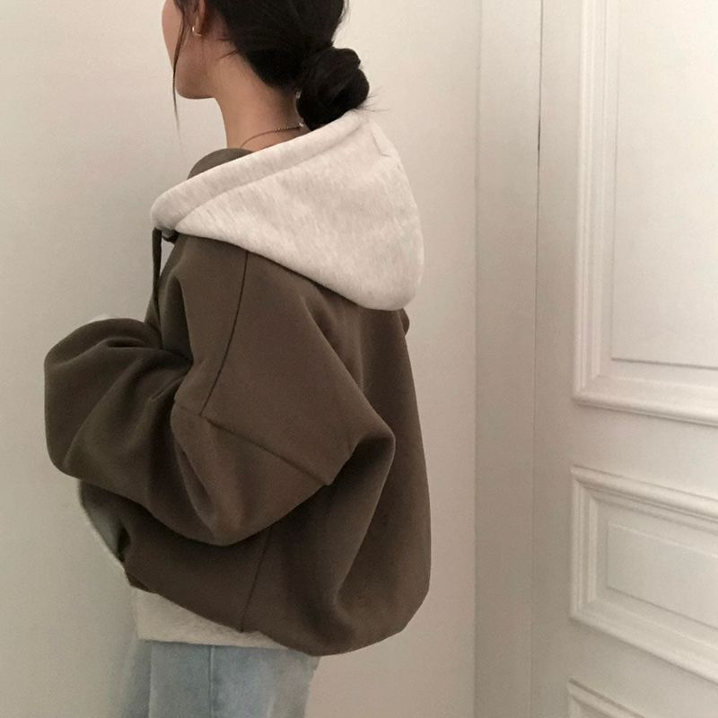 [BELLIDE MADE] two-tone coloring wool boxy hooded zip-up