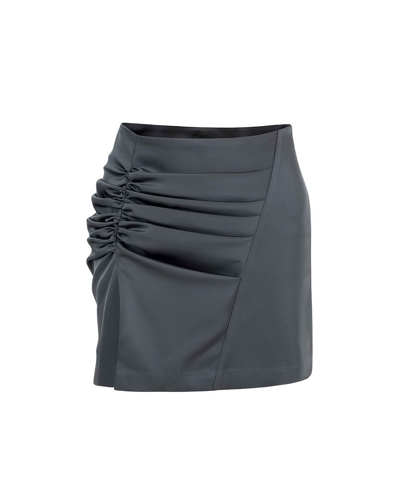 Satin Draped Slit Mini Skirt _ Dark Grey