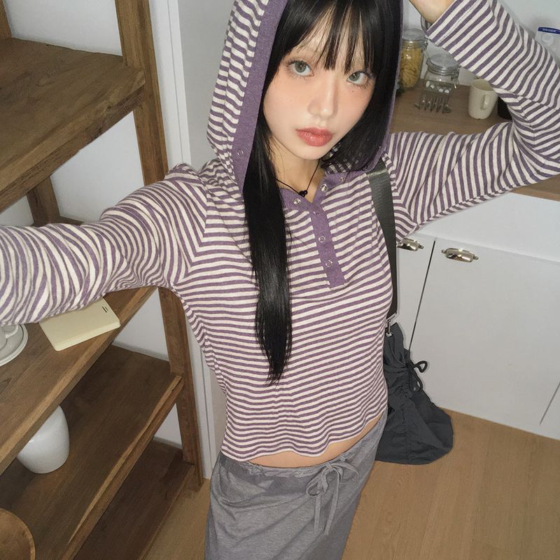 Pao Stripe Snap Button Coloring Long Sleeve Hooded T-Shirt