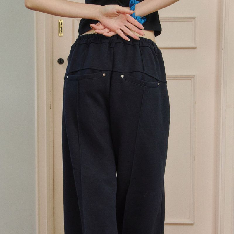 Cotton Blend Wide Track Pants [Navy]
