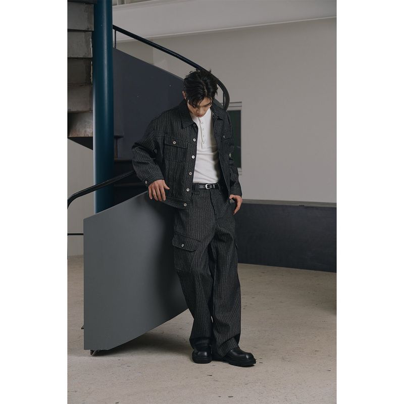 Stripe corduroy trucker denim jacket(Black)