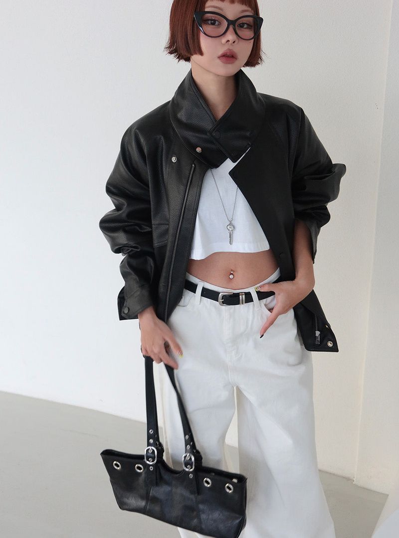 Laurent high neck leather jacket