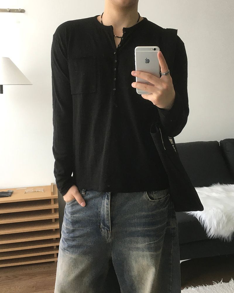 Pochi Slub Henely Neck Long Sleeve T