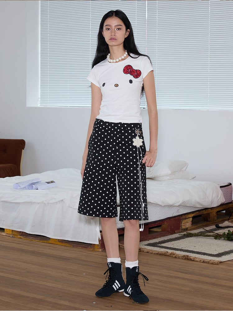 rirri 25 Spring/Summer Collection - カジュアルブラック&ホワイトポルカドットクロップドパンツ (高密度コットン100%)