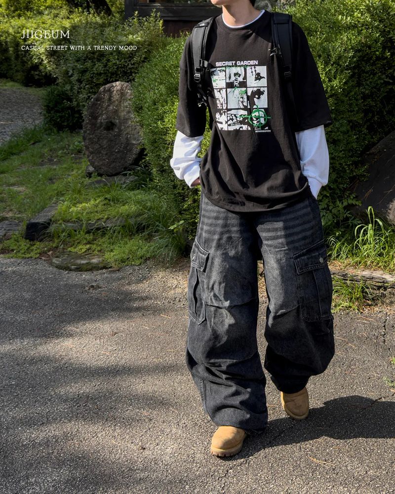 Bern diagonal cargo wide denim pants