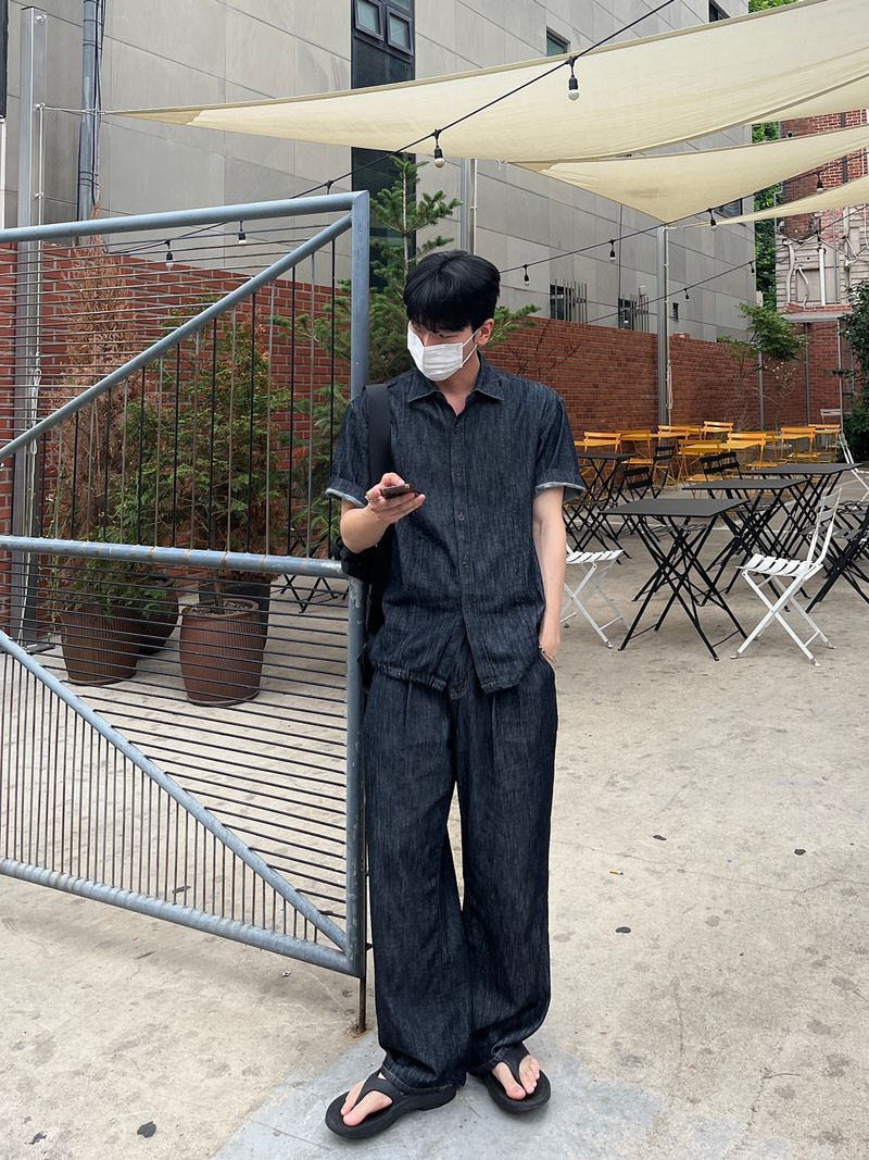 Mei linen indigo half shirts