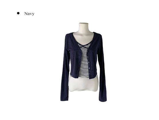 Cotter Punching Stripe Sleeveless Cardigan Set