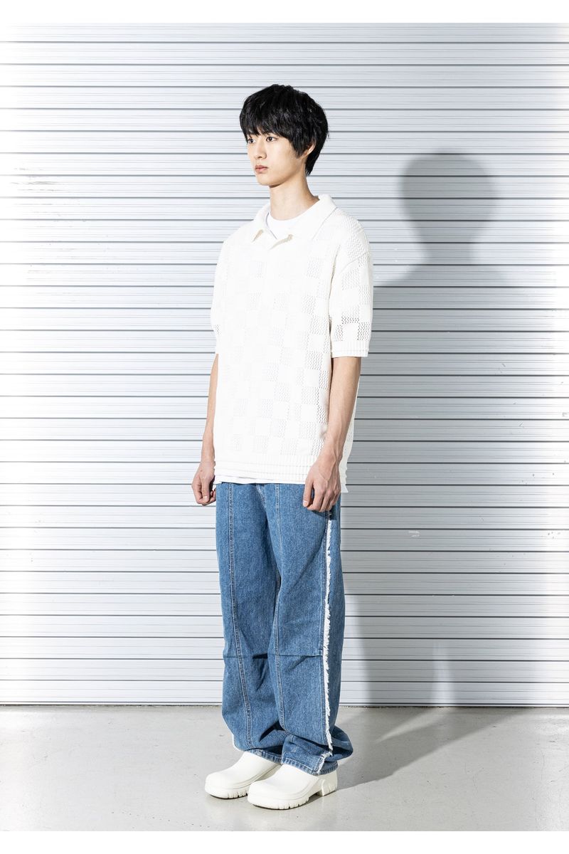 CHECKERBOARD MESHED KNIT HALF SHIRTS