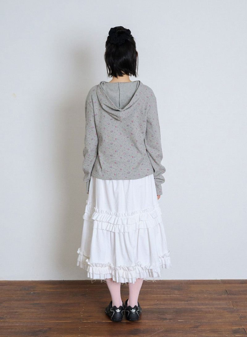 FLOWER WAFFLE BUTTON HOODIE - GRAY