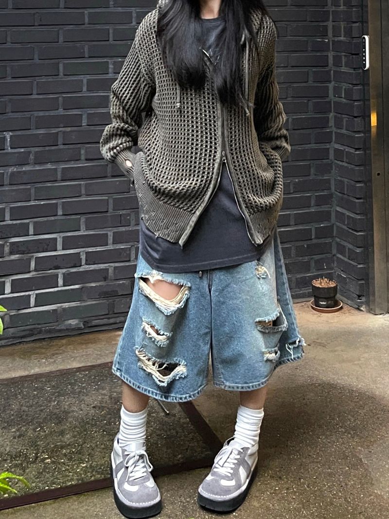 Dyeing Damage Mesh Hooded Zip-Up