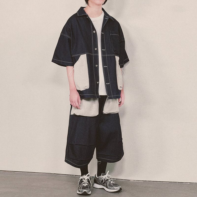 reverse terry pocket denim capri shorts_blue
