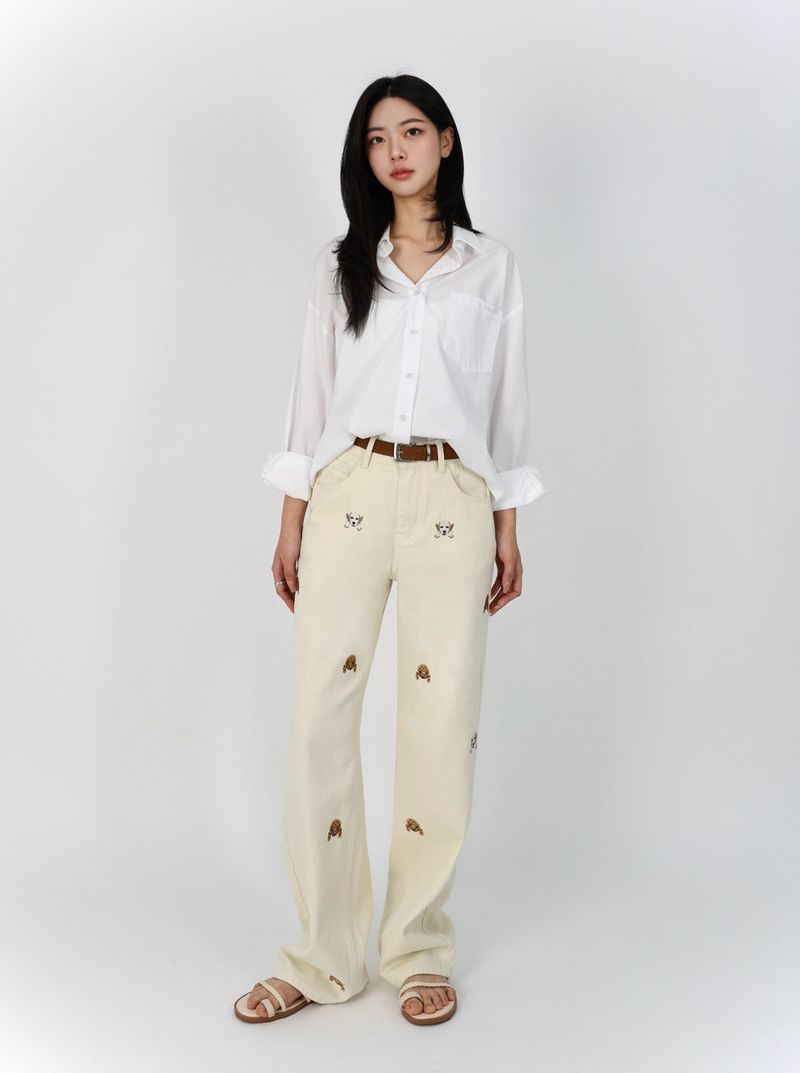 PUPPY EMBROIDERED CREAM DYED STRAIGHT DENIM code 26226