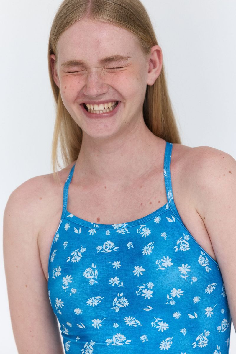 [Floral Denim Dress] One Piece Swimsuit