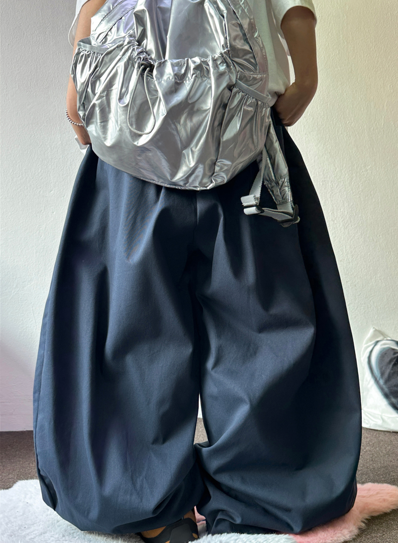 KOREAN/STRING 🩵 STUD RIVET POINT FRONT SLIT OVER HIP BALLOON WIDE LONG PANTS 🩶🖤🩵 - 3 COLORS