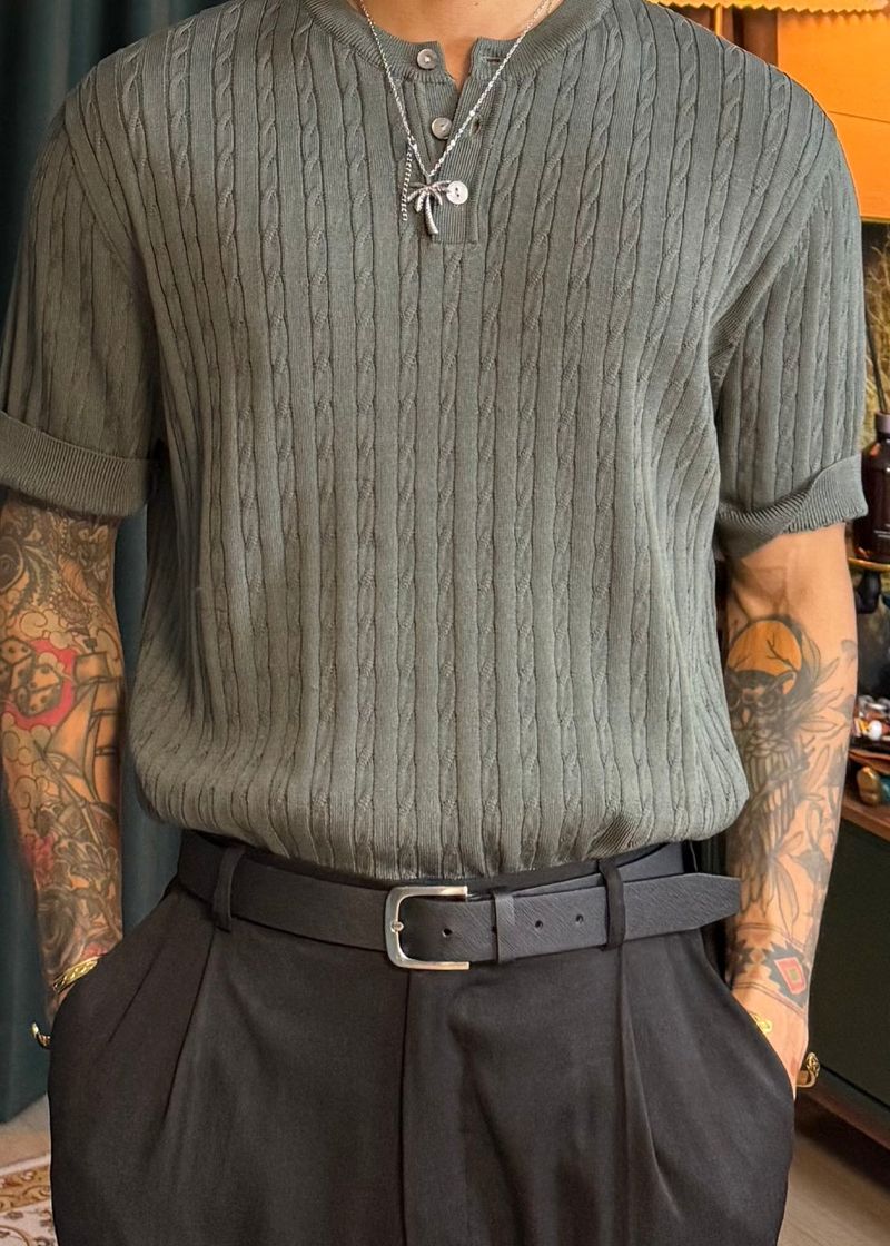 Cable Span Henley Neck Short Sleeve Knit 6COLOR
